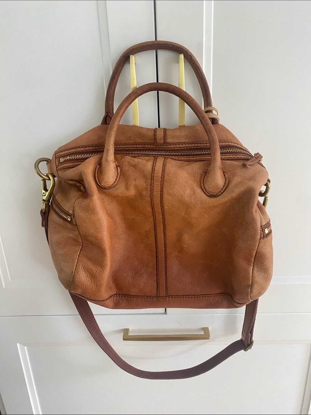 VTG Fossil Erin soft pebbled grain leather Handbag in Tan Brown w duel handles